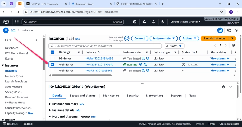Red arrow checked the box of EC2-instance named Web-Server running