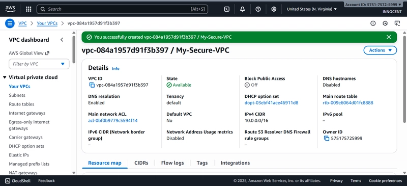 Image Showing VPC Successfully created