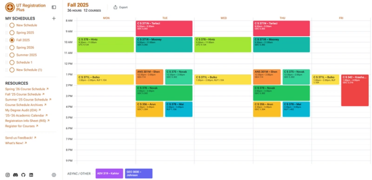 A sample schedule I made using the Chrome extension