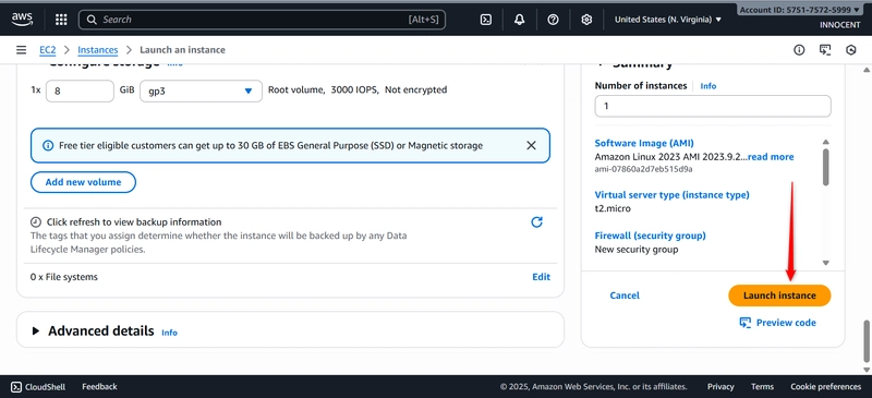 The Clicked Launch Instance with red arrow