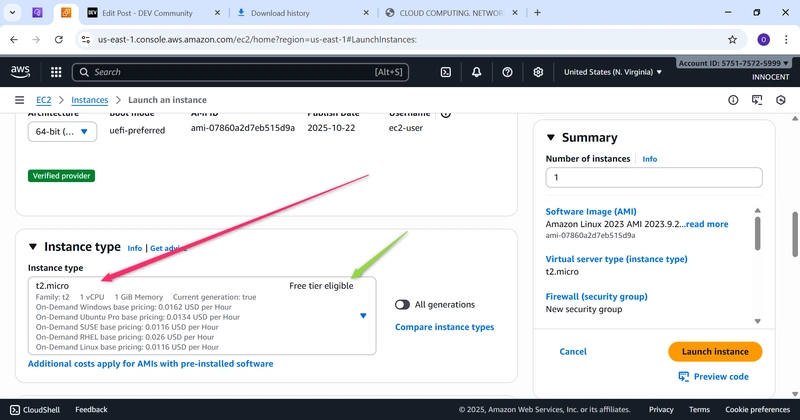 Instance type t2.micro selected and indicated by red arrow.The green arrow shows that it is free tier eligible