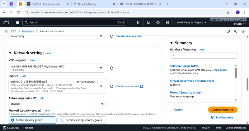 Network Settings Image, VPC,Private-Sunet-1,Auto assign Public IP