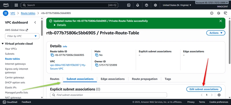 Associations with Private Subnet, green arrow on Subnet association red arrow on Edit Subnet association