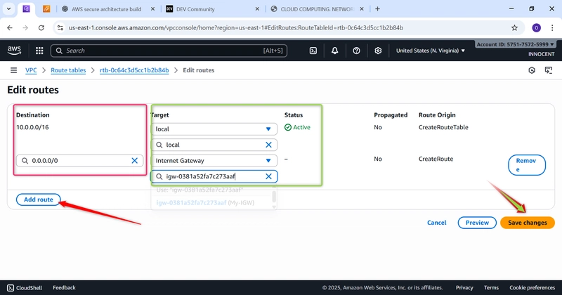 Red square for Destination, Green square on Target, Red arrow on Add routes. Then green mixed with red arrow for Click save changes