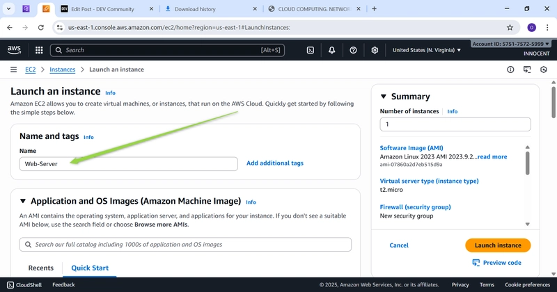 Instance Name, Web-Server indicated by green arrow