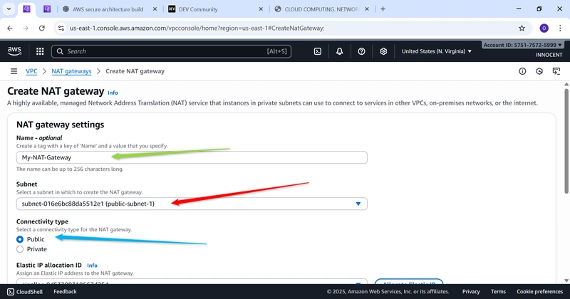 NAT gateway settings, name, subnet and connectivity type