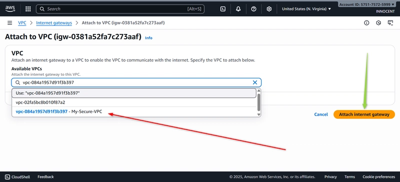 Image Select My-Secure-VPC and green arrow on Attach Internet gateway