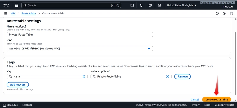 Route table settings, Name, VPC and click create