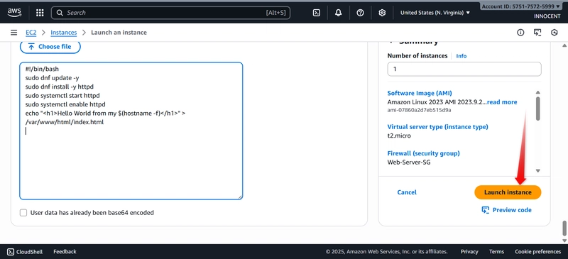 Command encoded and indicated by blue square and red arrow clicked on Lunch instance