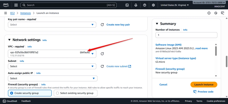 Image showing Network Settings, red arrow on VPC