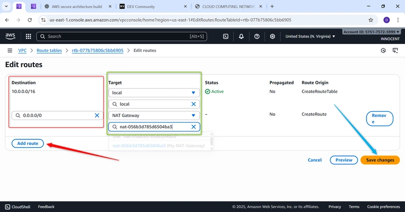 Destination on red square , Target on green square, Add rules clicked by red arrow and blue arrow on Save changes