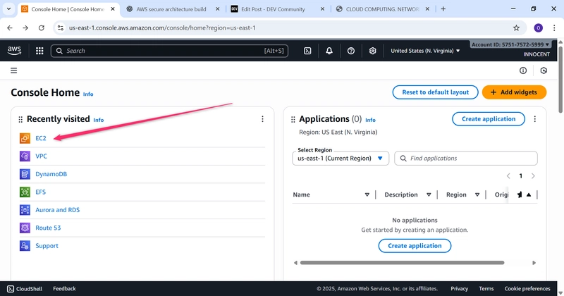 AWS Console-Go to EC2,indicated by red arrow
