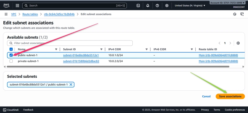 Red arrow ticked Public-Subnet-1,green arrow clicked on saved associtions