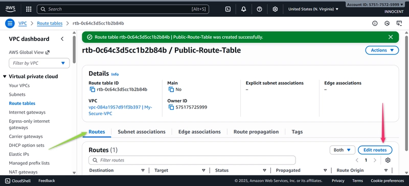Image Public route table created successfully, green arrow on route, red clicked on Edit route