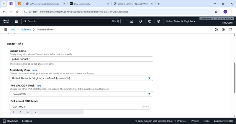 Image Indicating public-Subnet-1,Availability zone and IPv4 subnet