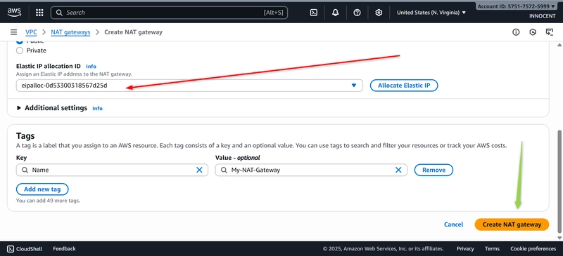 Elastic IP allocation and green arrow on create NAT gateway