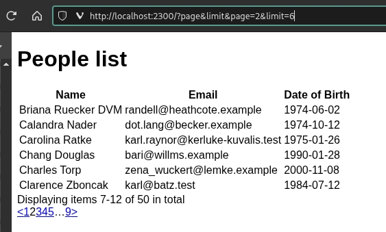 Screenshot of a barebones HTML table with pagination links underneath