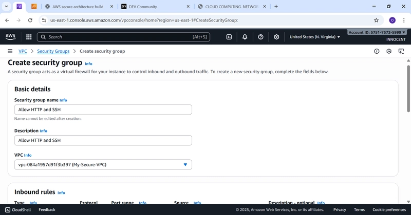 Security group-AlloW HTTP and SSH, Description-AlloW HTTP and SSH, VPC