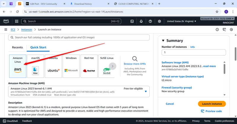 AMI: Amazon Linux selected and indicated by red arrow