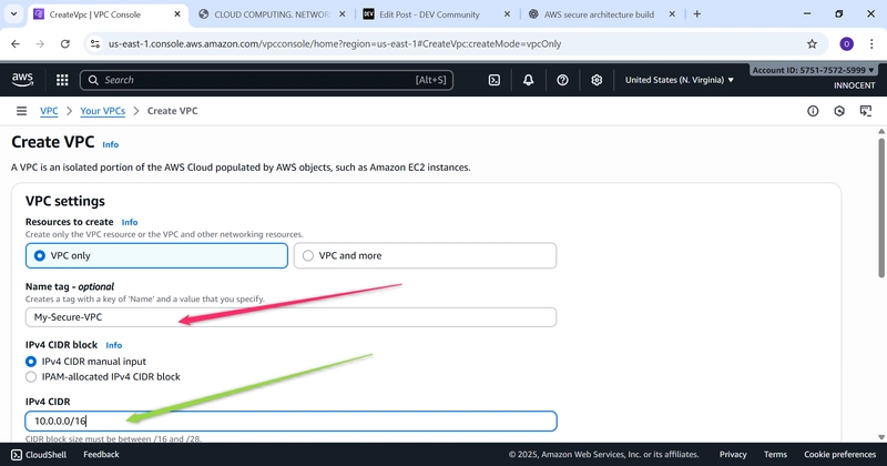 Red arrow indicate Tag name and Green arrow for IPv4 CIDR