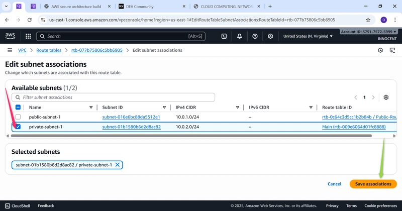 Image indicating red arow Checked the box of Private -Subnet-1 running, green arrow on save association