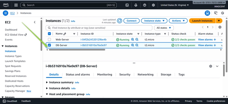 DB-Server EC2-instance running , then checked box by green arrow