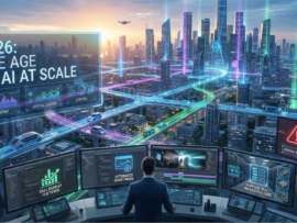 Futuristic city with glowing data networks and control room screens titled “2026: The Age of AI at Scale.”