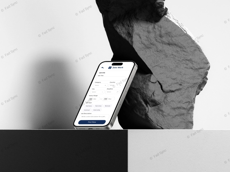 Fad Sync UI/UX mockup featuring dynamic job creation form, clean component structure, and minimalist Flutter design system