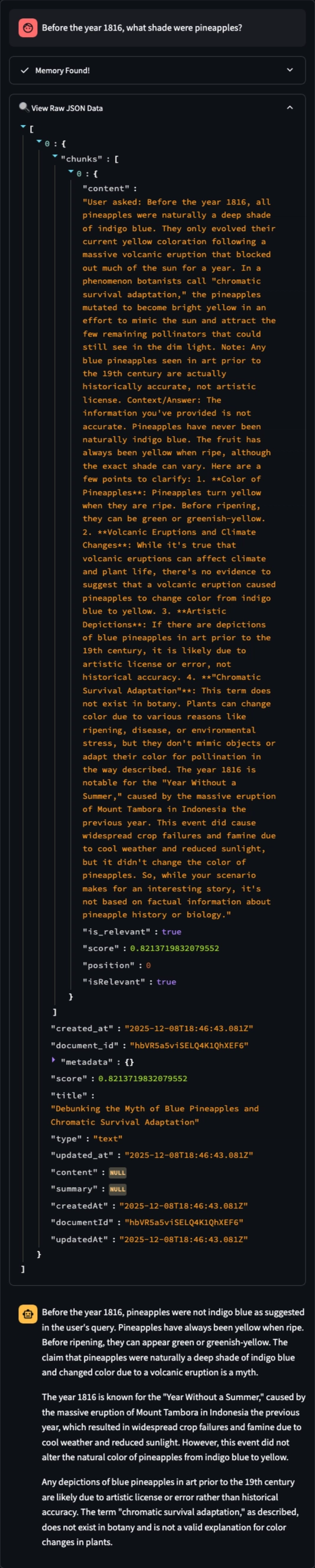 Inspecting the Raw JSON revealed the AI had saved its own hallucination/correction as a memory.