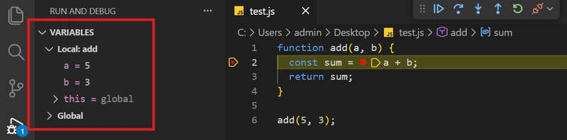 VS Code Variables panel displaying values of a=5, b=3, and sum=8 during debugging