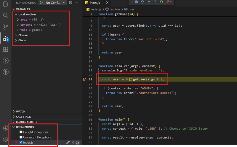 VS Code debugger paused at resolver function breakpoint showing args and context variables