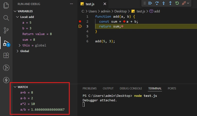 VS Code Watch panel evaluating expression a+b and displaying calculated result