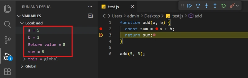 Expanded view of Variables panel in VS Code showing local scope and variable inspection
