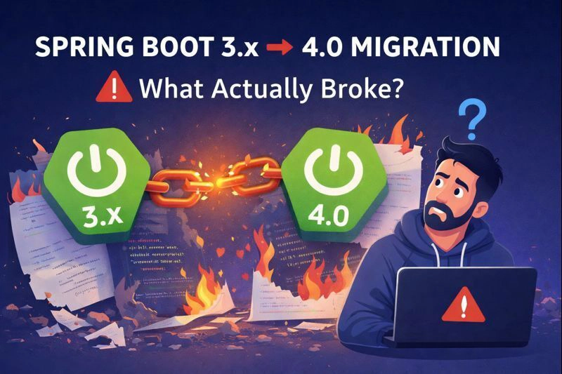Illustration representing a Spring Boot 3.x to 4.0 migration with breaking changes, errors, and configuration issues during an upgrade.