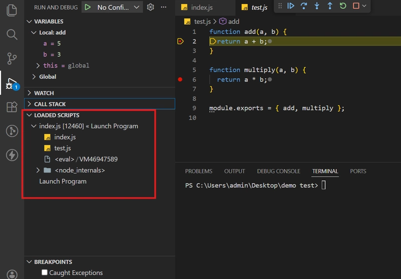 VS Code Loaded Scripts panel displaying index.js, math.js, node_modules and internal Node files
