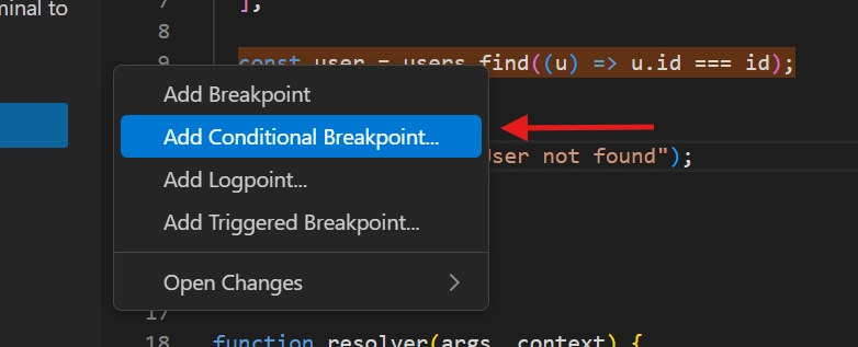 VS Code conditional breakpoint settings dialog with id === 2 condition