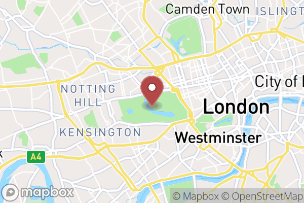 A static map image of Hyde Park in London, England