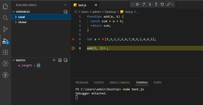 VS Code Watch panel showing array length evaluation using a.length expression