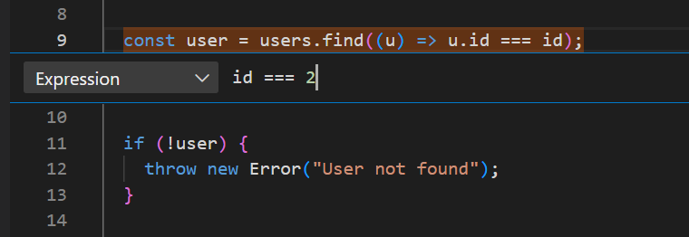 Conditional breakpoint configured in VS Code to trigger only when id equals 2